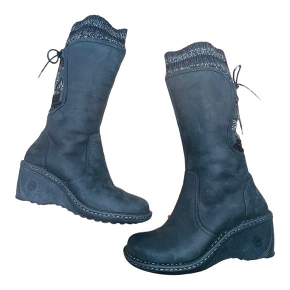 UGG Australia Skylar Wedge Boots Black Leather & Knit Lace/Zip Up Sz 9 2.5" Heel - Picture 4 of 10
